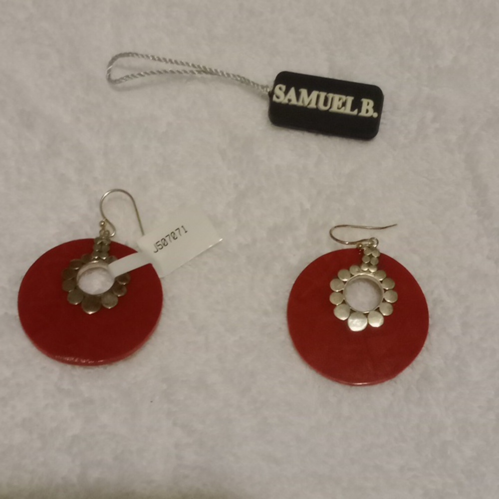 Samuel B. Vibrant Red Coral and Silver Disc Earrings